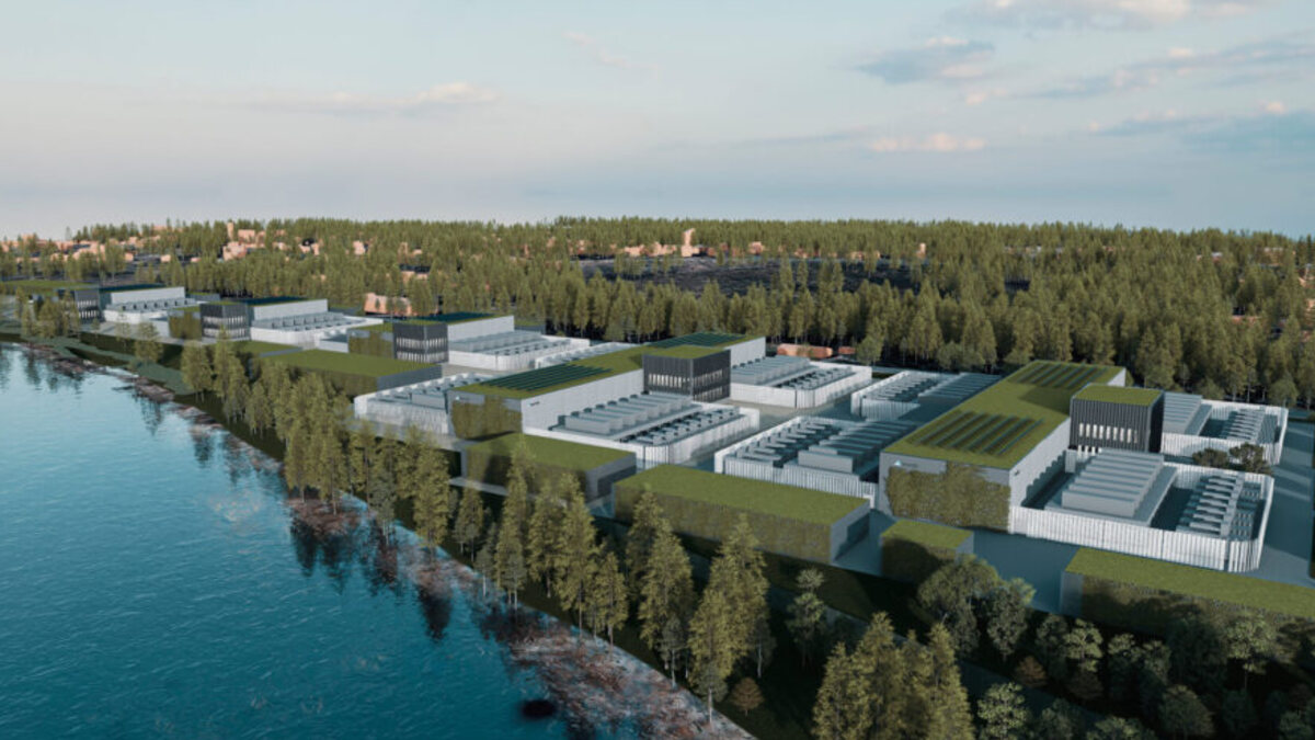 Data centre campus by water and forest (atNorth press photo)